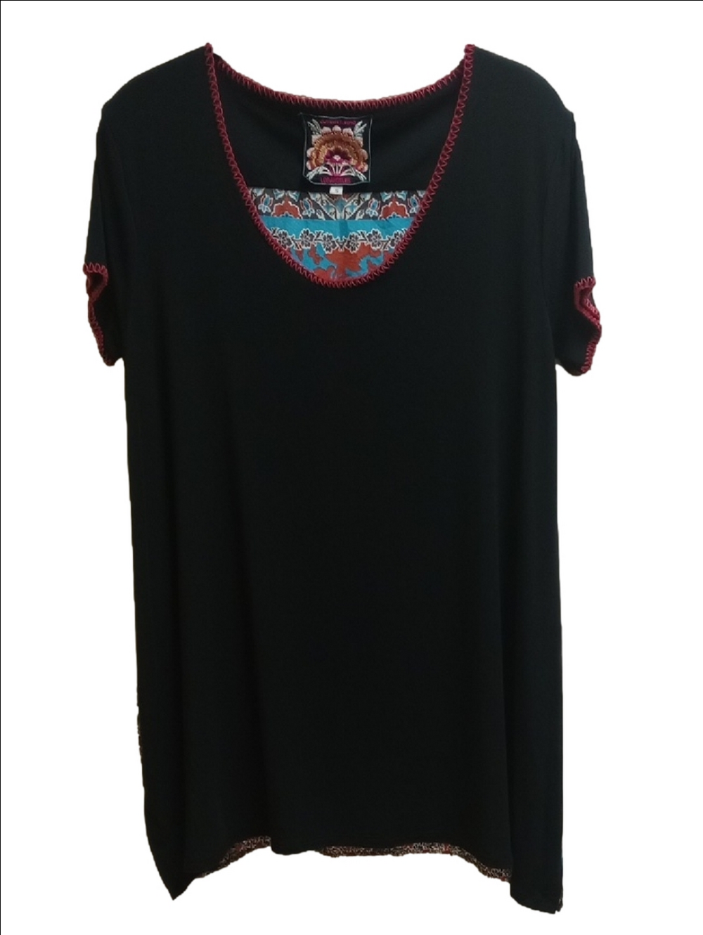 JOHNNY WAS BLACK BOHO SHORT SLEEVE TUNIC SHIRT WITH SILK BACK FLORAL PANEL